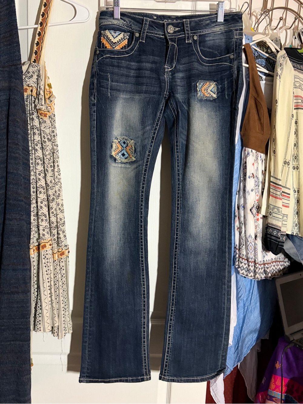 Grace in LA Dark Blue Flare Jeans with Embroidered Patches